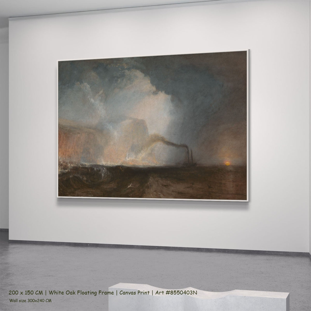 J.M.W. Turner — Staffa, Fingal's Cave Seascape canvas wall art in a white oak floating frame, 240 × 180 cm