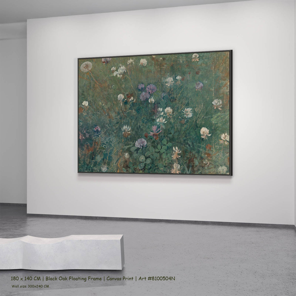 Jac van Looij — Blooming Clover Meadow canvas wall art in a black oak floating frame, 180 × 140 cm