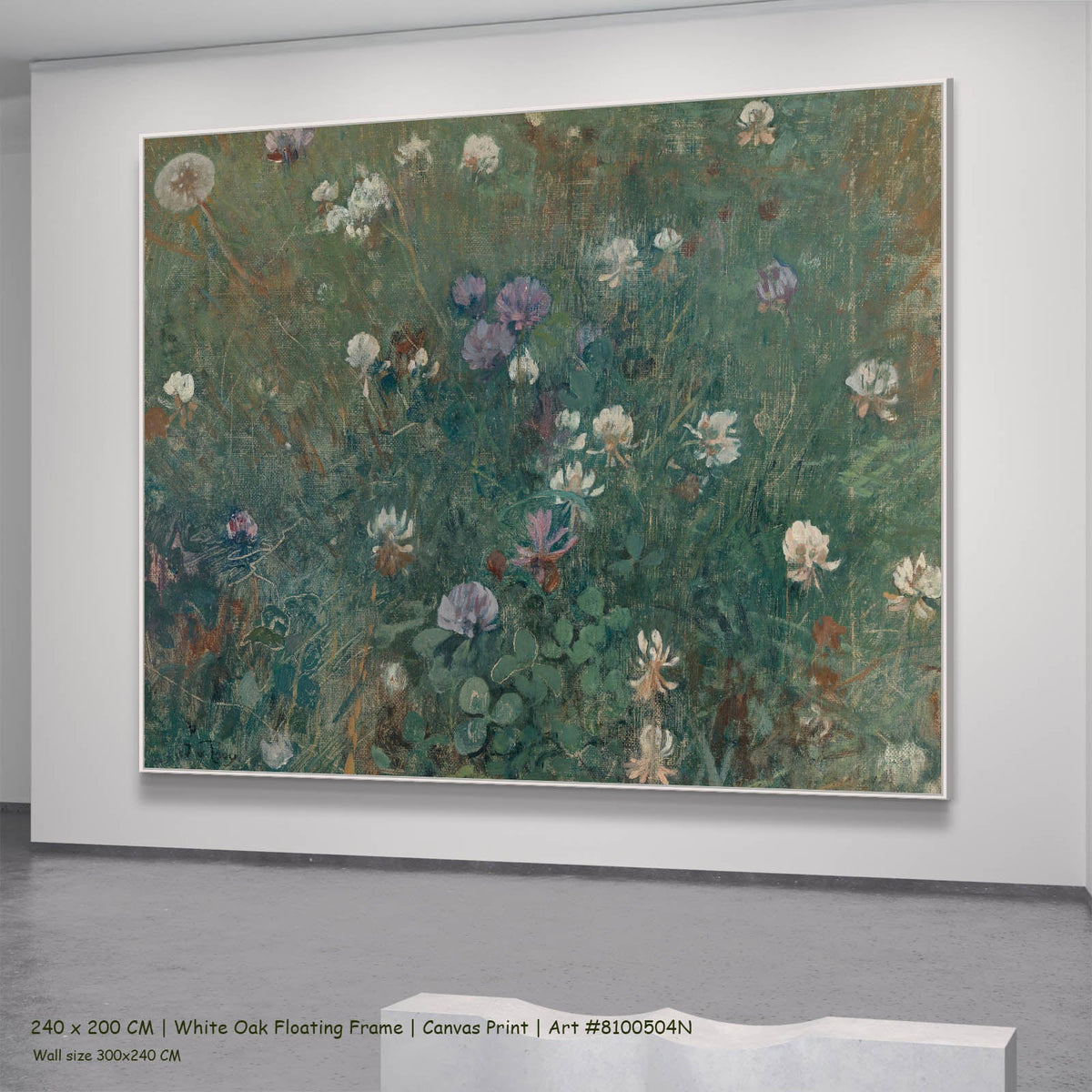 Jac van Looij — Blooming Clover Meadow canvas wall art in a white oak floating frame, 240 × 200 cm