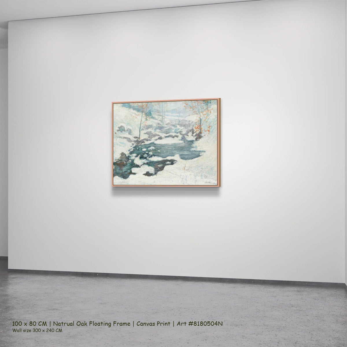 John Henry Twachtman — Icebound Landscape canvas wall art in a natural oak floating frame, 100 × 80 cm