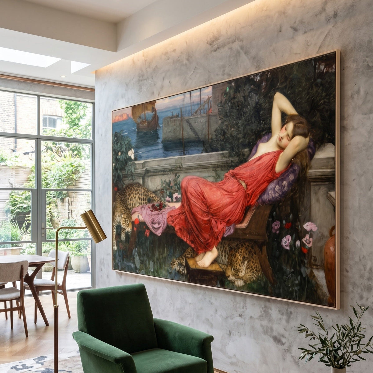 Ariadne by John William Waterhouse — large red and green Pre-Raphaelite canvas art displayed on a wall