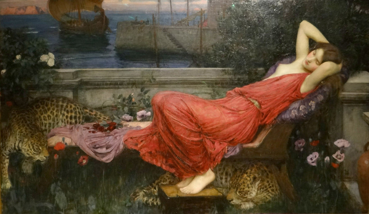 Large red and green Pre-Raphaelite canvas print of Ariadne by John William Waterhouse