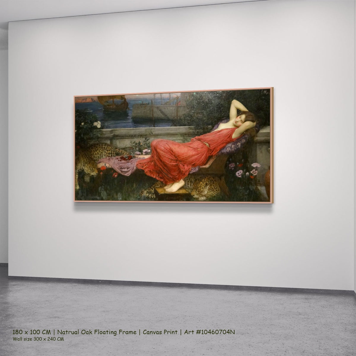 Ariadne by John William Waterhouse in a natural oak floating frame, large red and green Pre-Raphaelite canvas