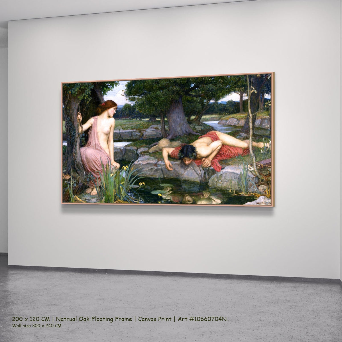 Echo and Narcissus by John William Waterhouse in a natural oak floating frame, large green and red Pre-Raphaelite canvas