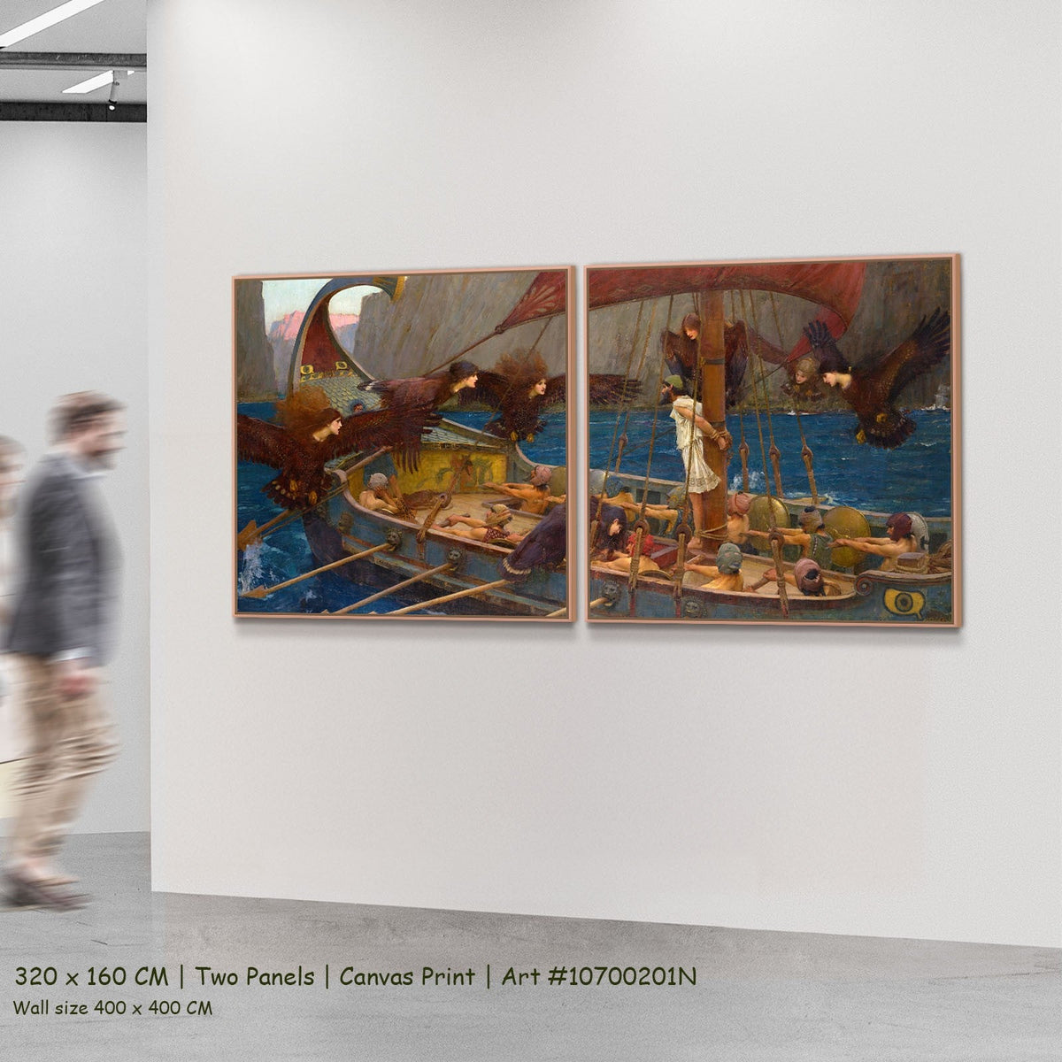 Ulysses and the Sirens by John William Waterhouse as a large two-panel blue and brown Pre-Raphaelite canvas set