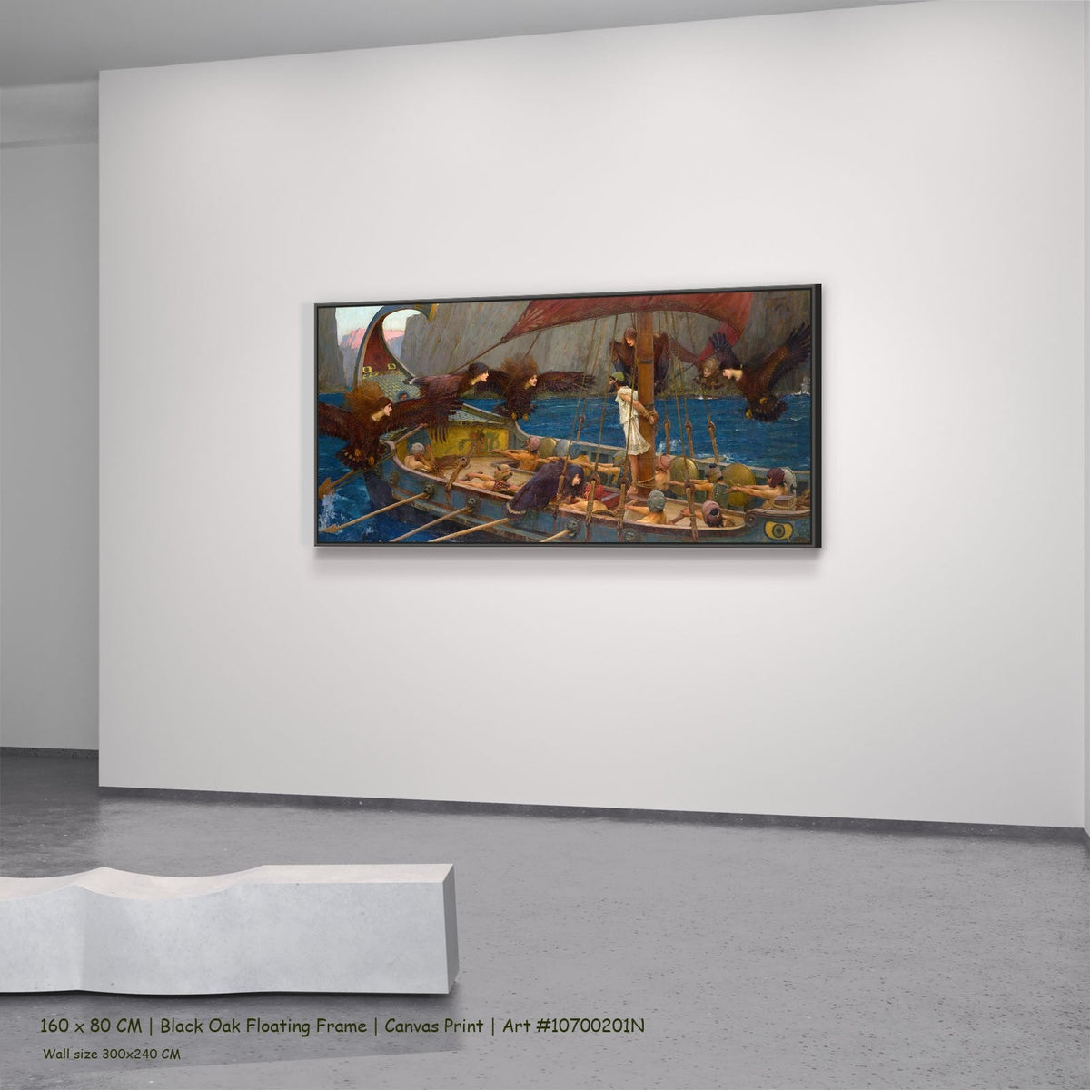 Ulysses and the Sirens by John William Waterhouse in a black oak floating frame, large blue and brown Pre-Raphaelite canvas