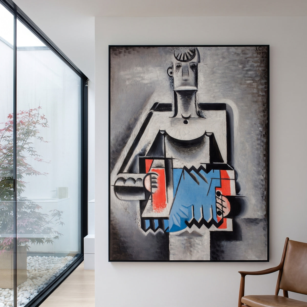 Accordion Player by Josef Capek — large blue and red Cubist canvas art on a entryway wall