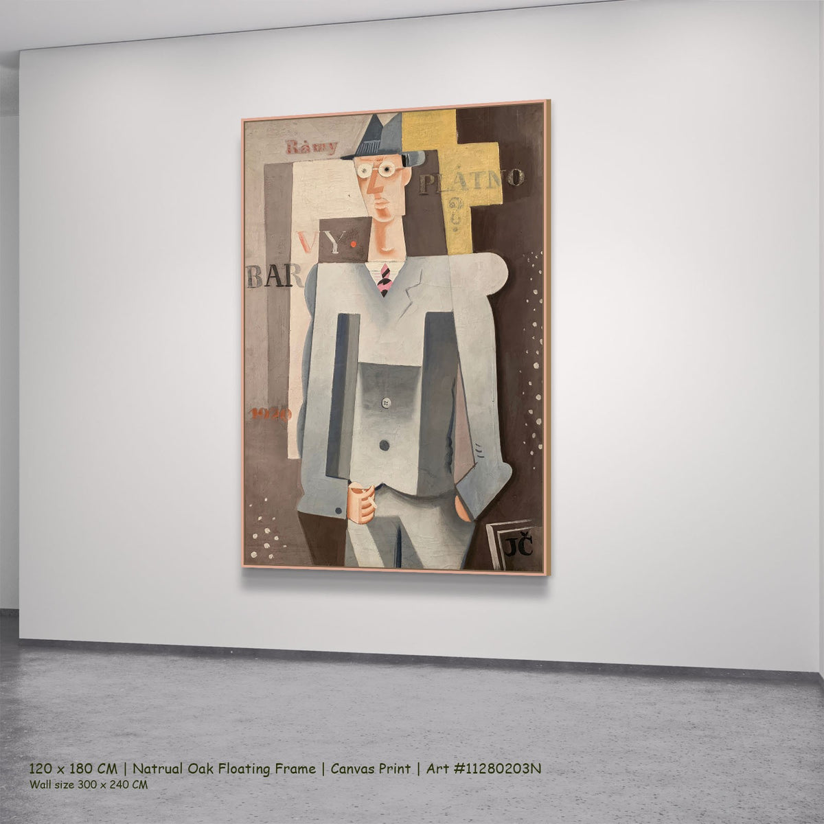 Mr. Myself by Josef Capek in a natural oak floating frame, large brown and yellow Cubist canvas