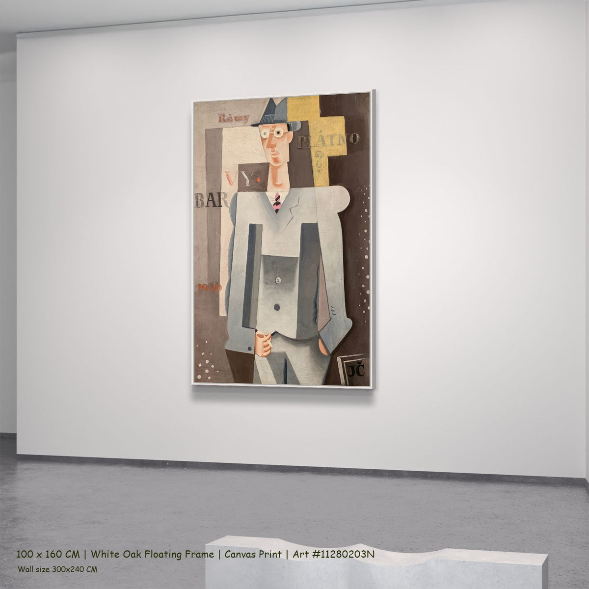 Mr. Myself by Josef Capek in a white oak floating frame, large brown and yellow Cubist canvas