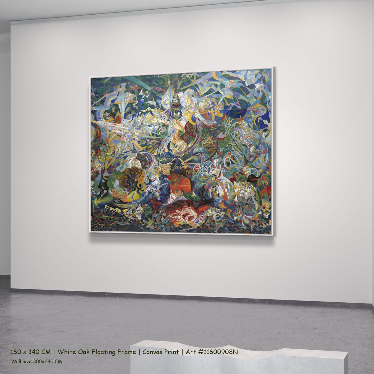 Battle of Lights, Coney Island, Mardi by Joseph Stella in a white oak floating frame, large blue and green Futurist canvas