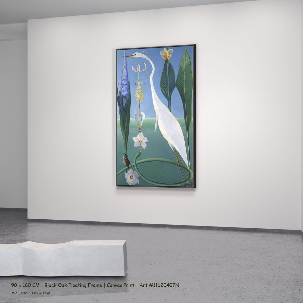 The White Heron by Joseph Stella in a black oak floating frame, large green and light blue Botanical canvas