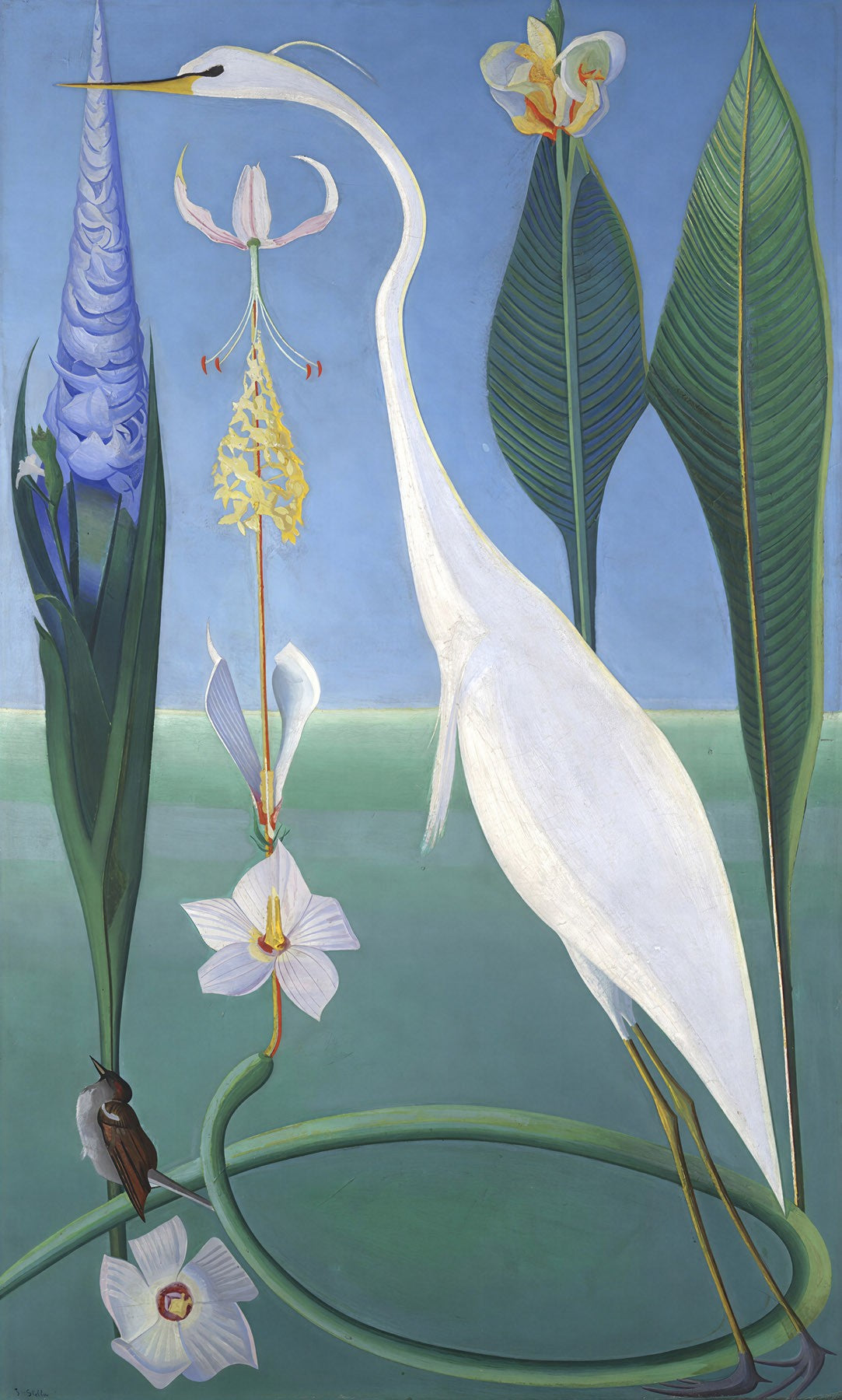 Large green and light blue Botanical canvas print of The White Heron by Joseph Stella
