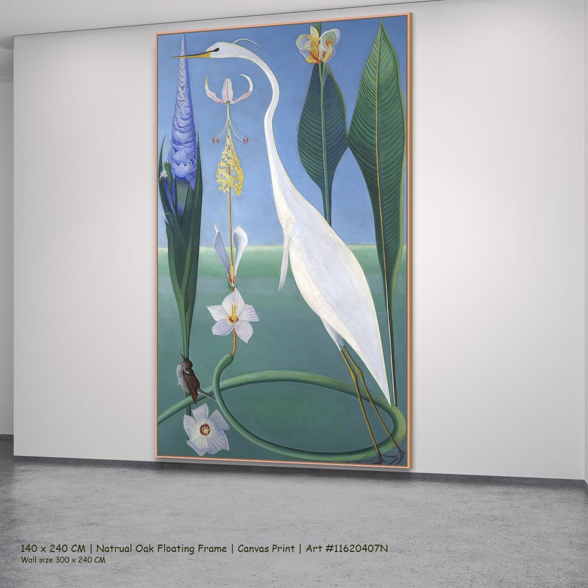 The White Heron by Joseph Stella in a natural oak floating frame, large green and light blue Botanical canvas