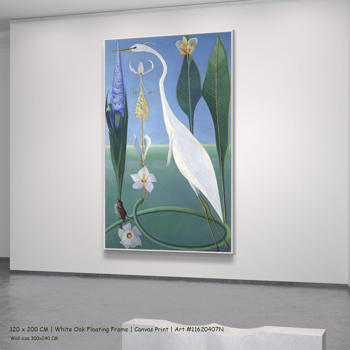 The White Heron by Joseph Stella in a white oak floating frame, large green and light blue Botanical canvas