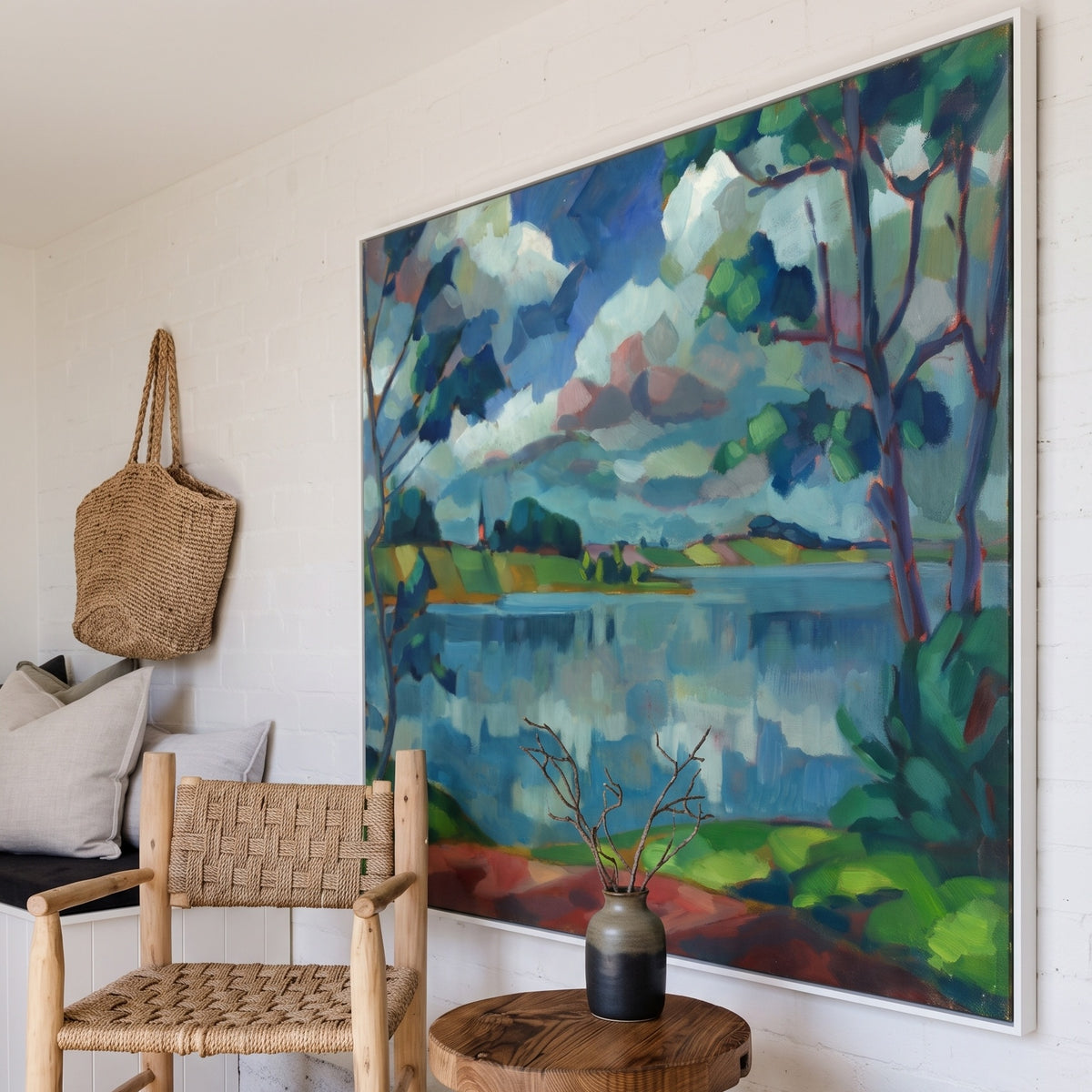Lake Saadjärv. Äksi Church by Konrad Mägi — large blue and green Landscape canvas art on a living room wall