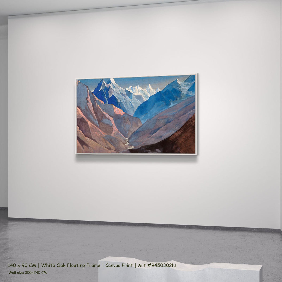 Mount "M" by Nicholas Roerich in a white oak floating frame, large blue and brown Symbolist canvas