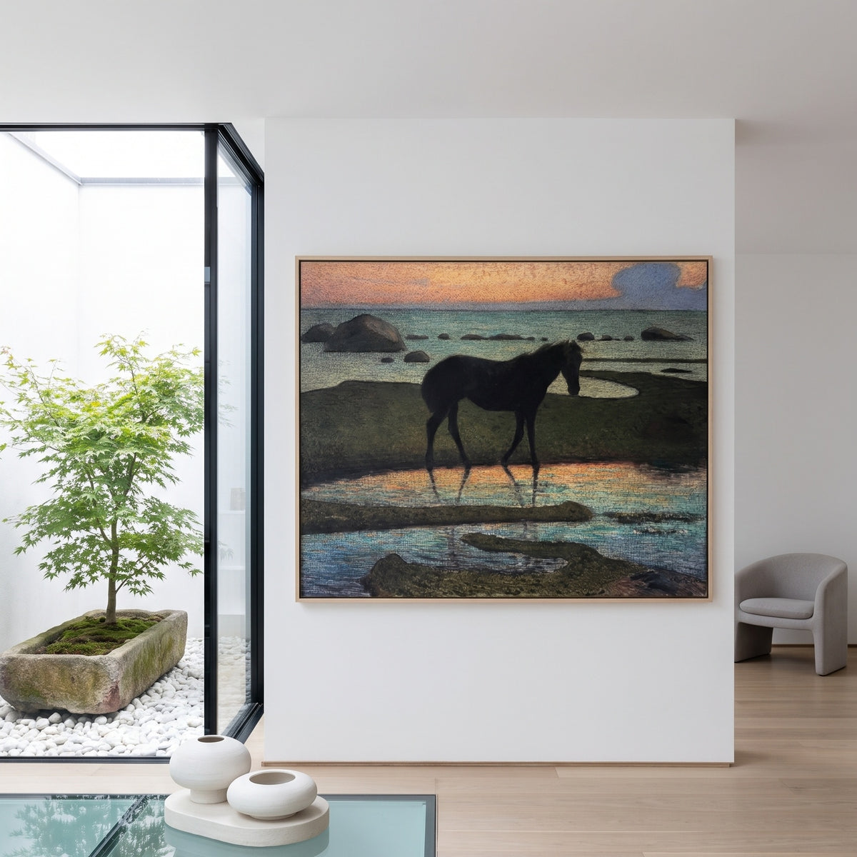 Horse on the beach by Nils Kreuger — large orange and aqua Symbolist canvas art on a entryway wall