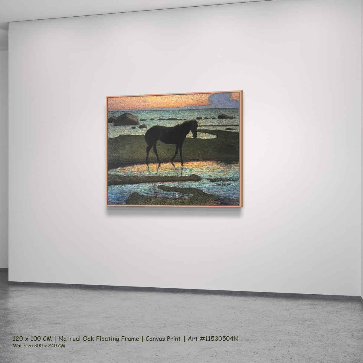 Horse on the beach by Nils Kreuger in a natural oak floating frame, large orange and aqua Symbolist canvas