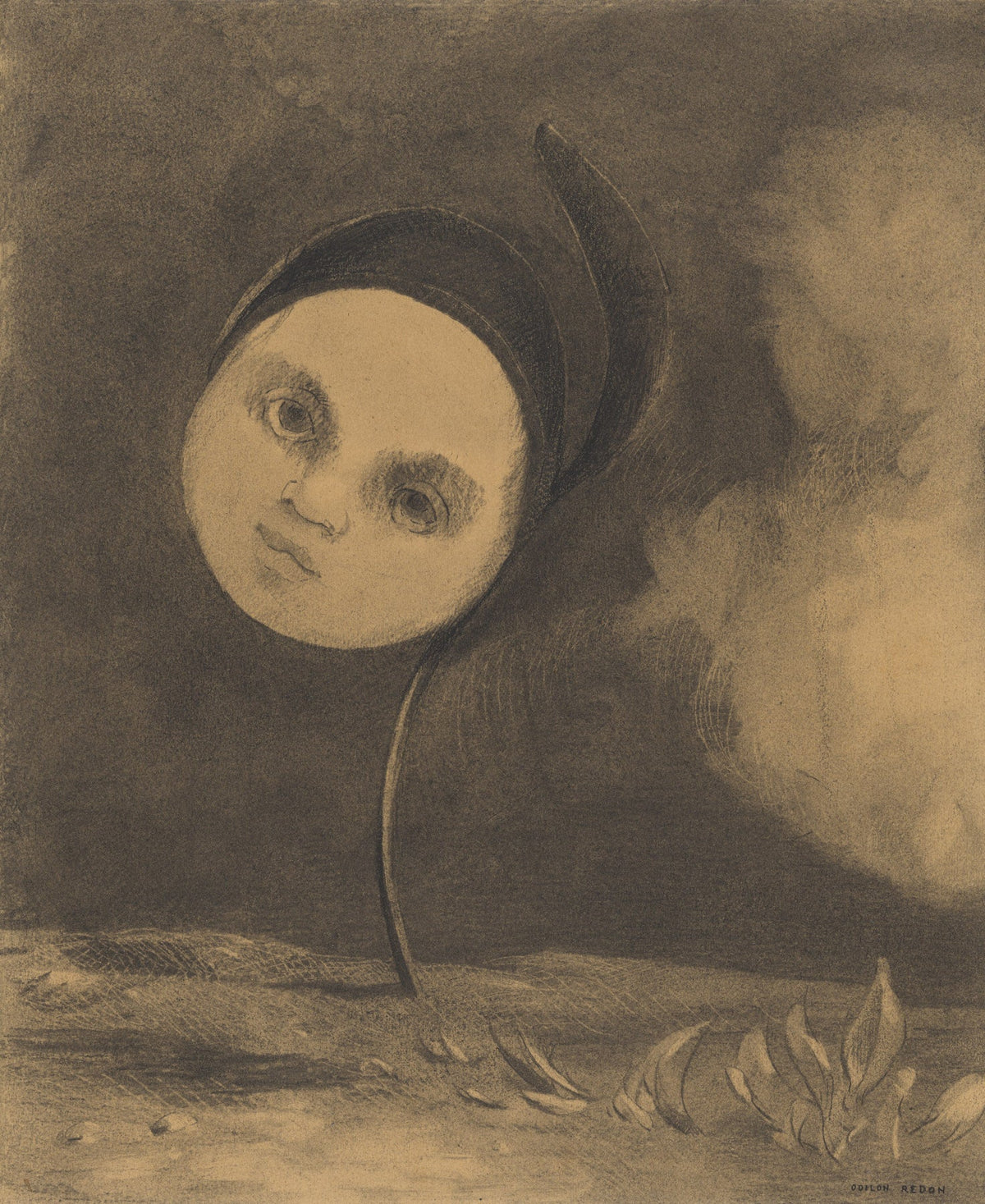 Large gold and brown Symbolist canvas print of Strange Flower by Odilon Redon
