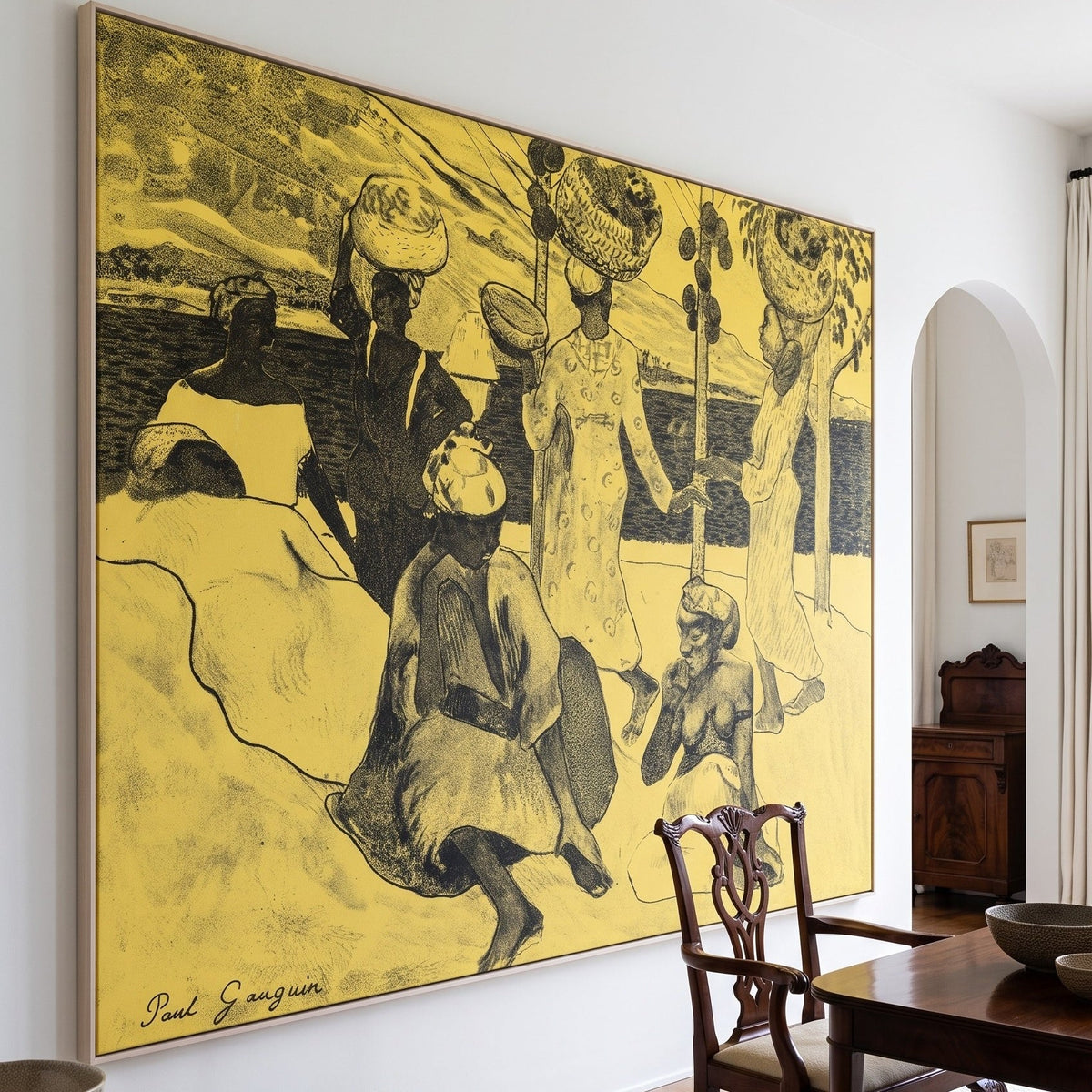 The Grasshoppers and the Ants by Paul Gauguin — large yellow and black Symbolist canvas art displayed on a wall