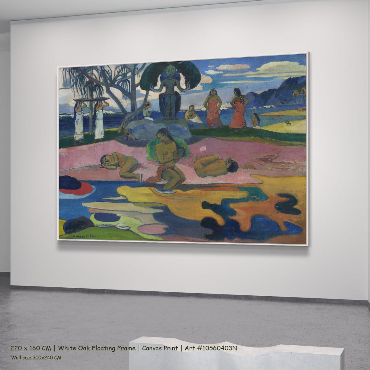 Mahana no atua by Paul Gauguin in a white oak floating frame, large pink and blue Symbolist canvas