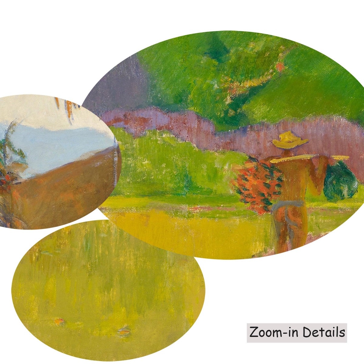 Close-up detail of the brushwork on Tahitian Landscape, a large yellow and brown Impressionist canvas by Paul Gauguin