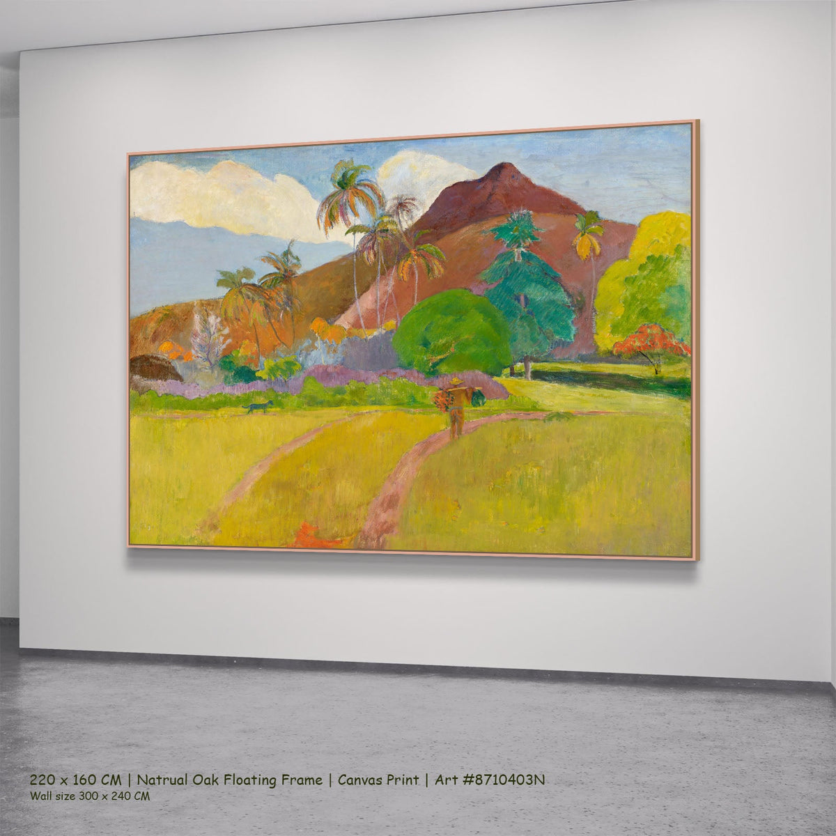 Tahitian Landscape by Paul Gauguin in a natural oak floating frame, large yellow and brown Impressionist canvas