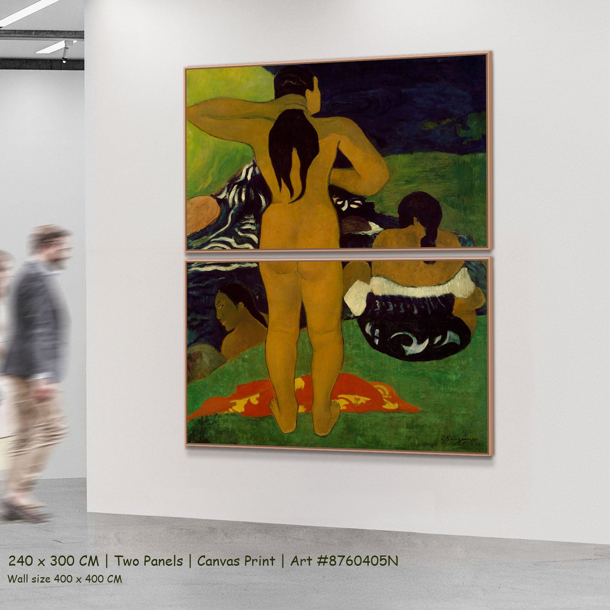 Tahitian Women Bathing by Paul Gauguin as a large two-panel green and gold Impressionist canvas set