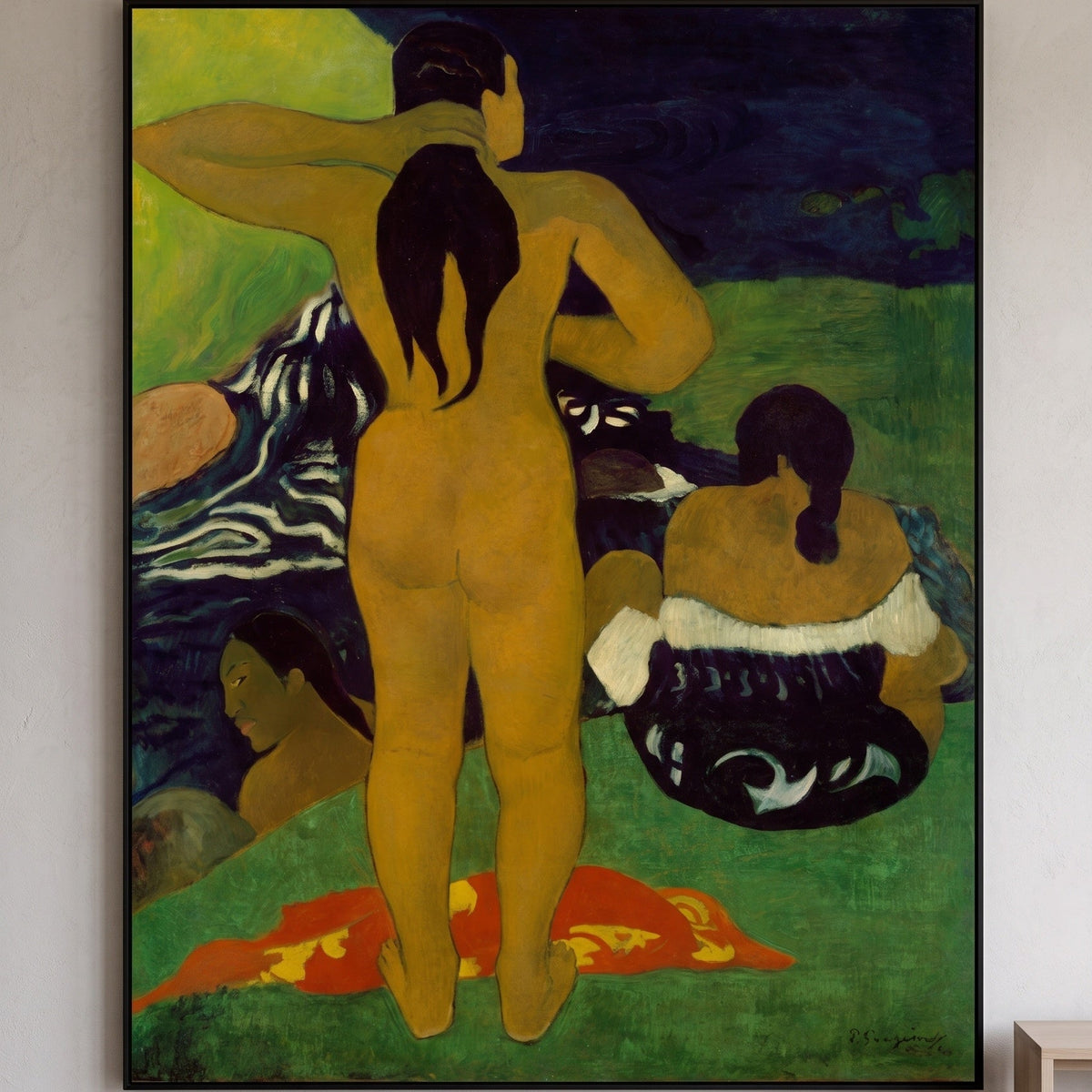 Tahitian Women Bathing by Paul Gauguin — large green and gold Impressionist canvas art on a entryway wall