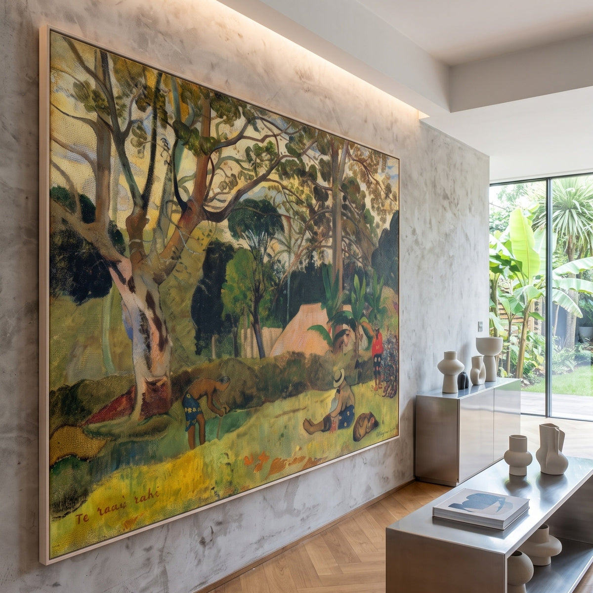 Te raau rahi by Paul Gauguin — large yellow and green Symbolist canvas art displayed on a wall