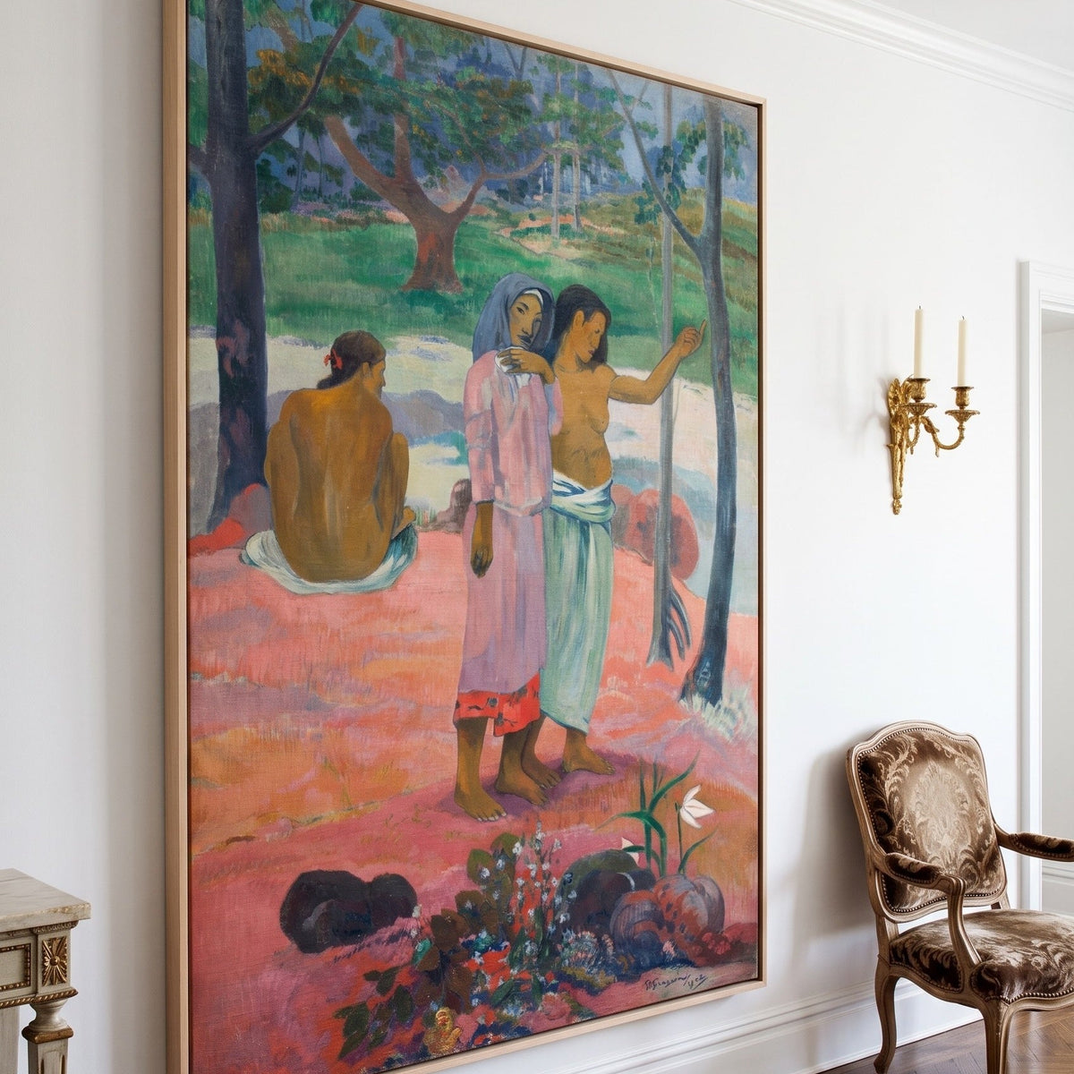 The Call by Paul Gauguin — large pink and green Symbolist canvas art on a hallway wall
