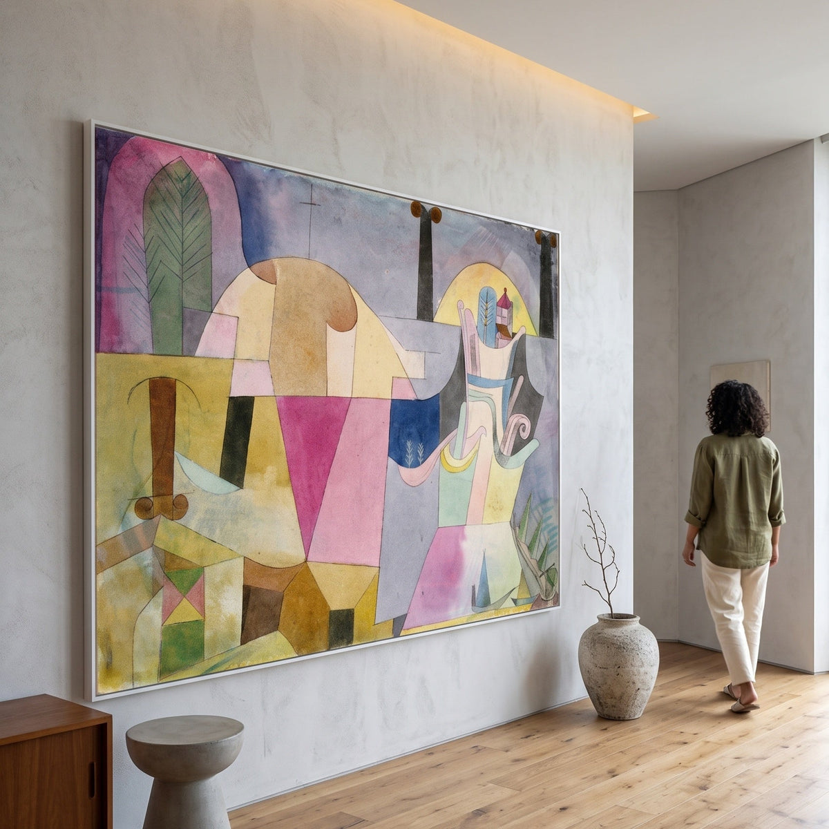 Black Columns in a Landscape by Paul Klee — large yellow and pink Colourful Abstract canvas art on a living room wall