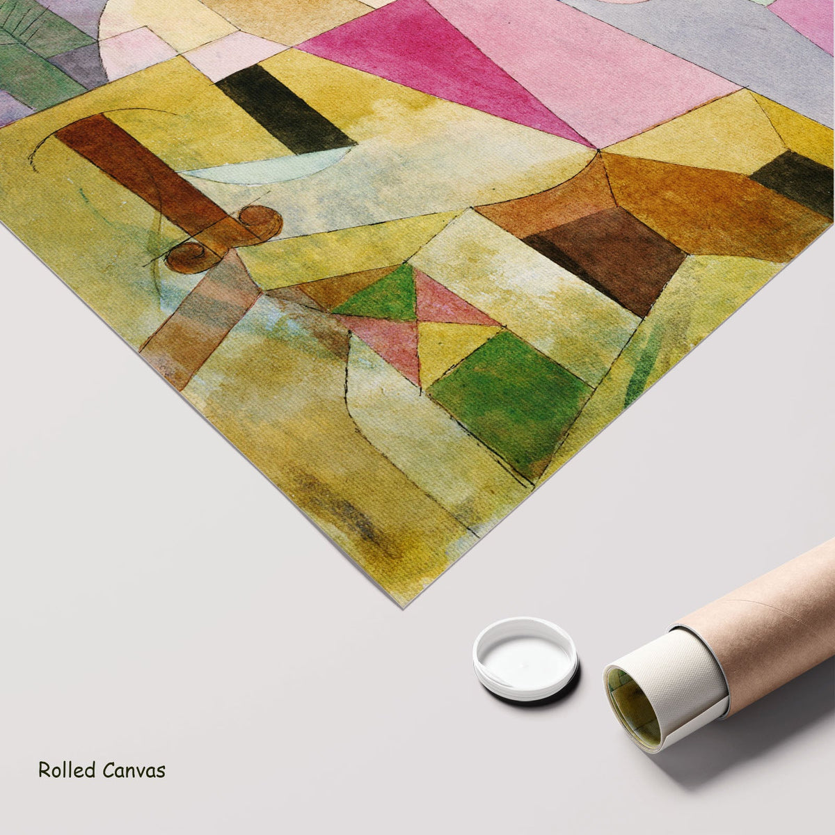 Black Columns in a Landscape by Paul Klee as a large rolled yellow and pink Colourful Abstract canvas print