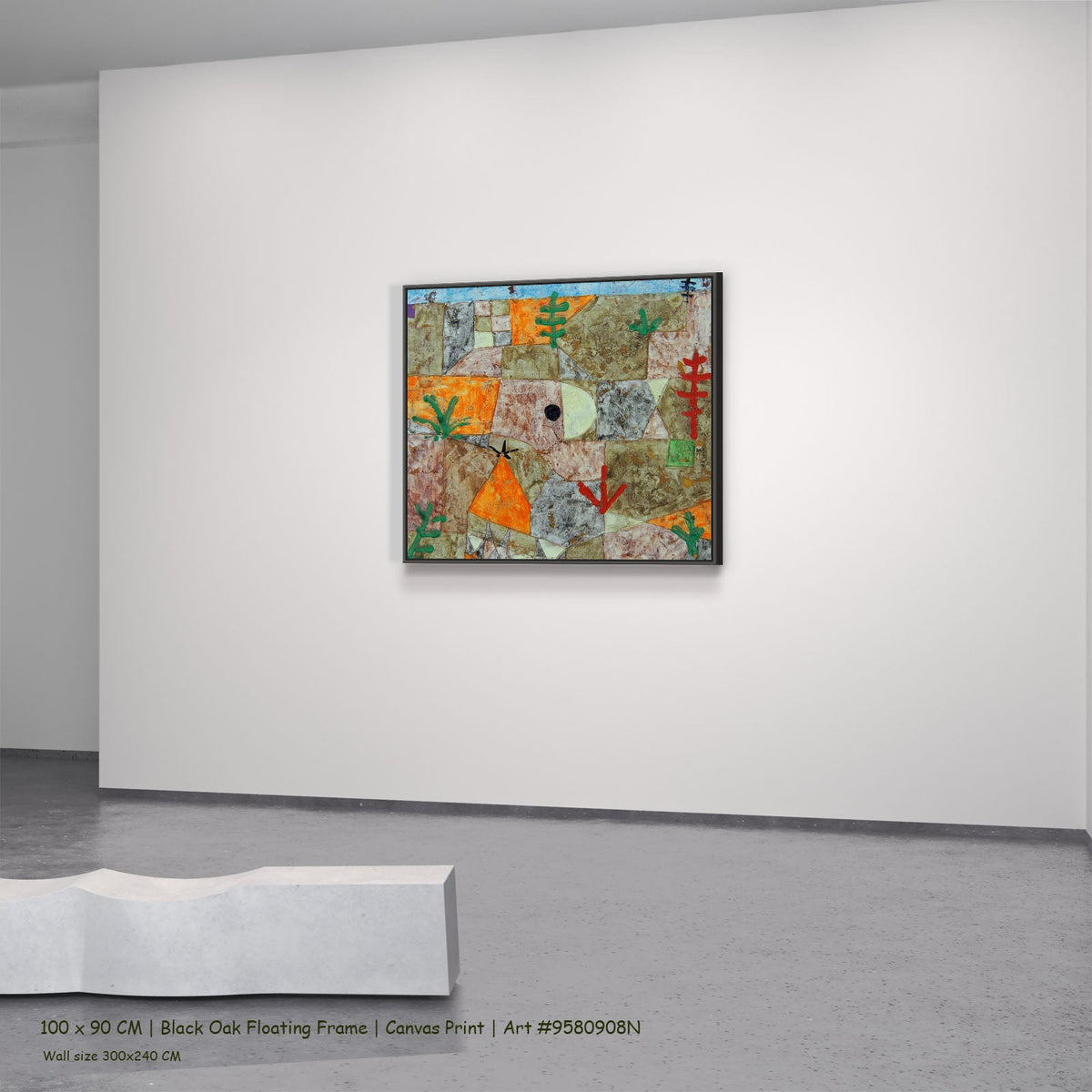 Garden with Hieroglyphs by Paul Klee in a black oak floating frame, large brown and orange Geometric Abstract canvas