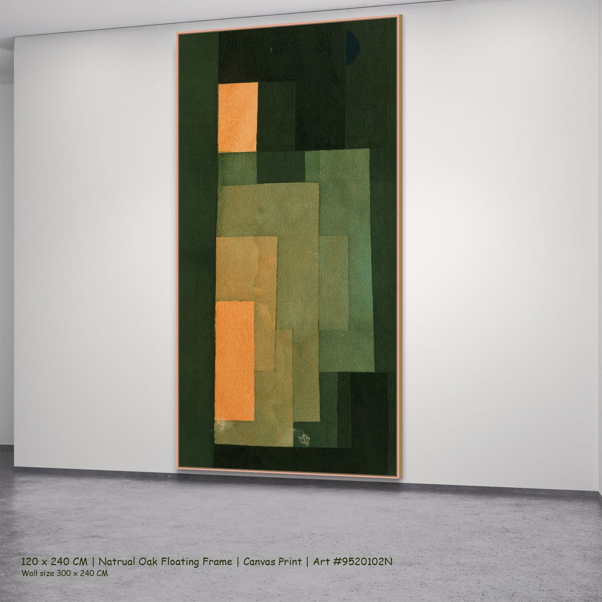Green and Orange Composition by Paul Klee in a natural oak floating frame, large green and orange Modern Abstract canvas