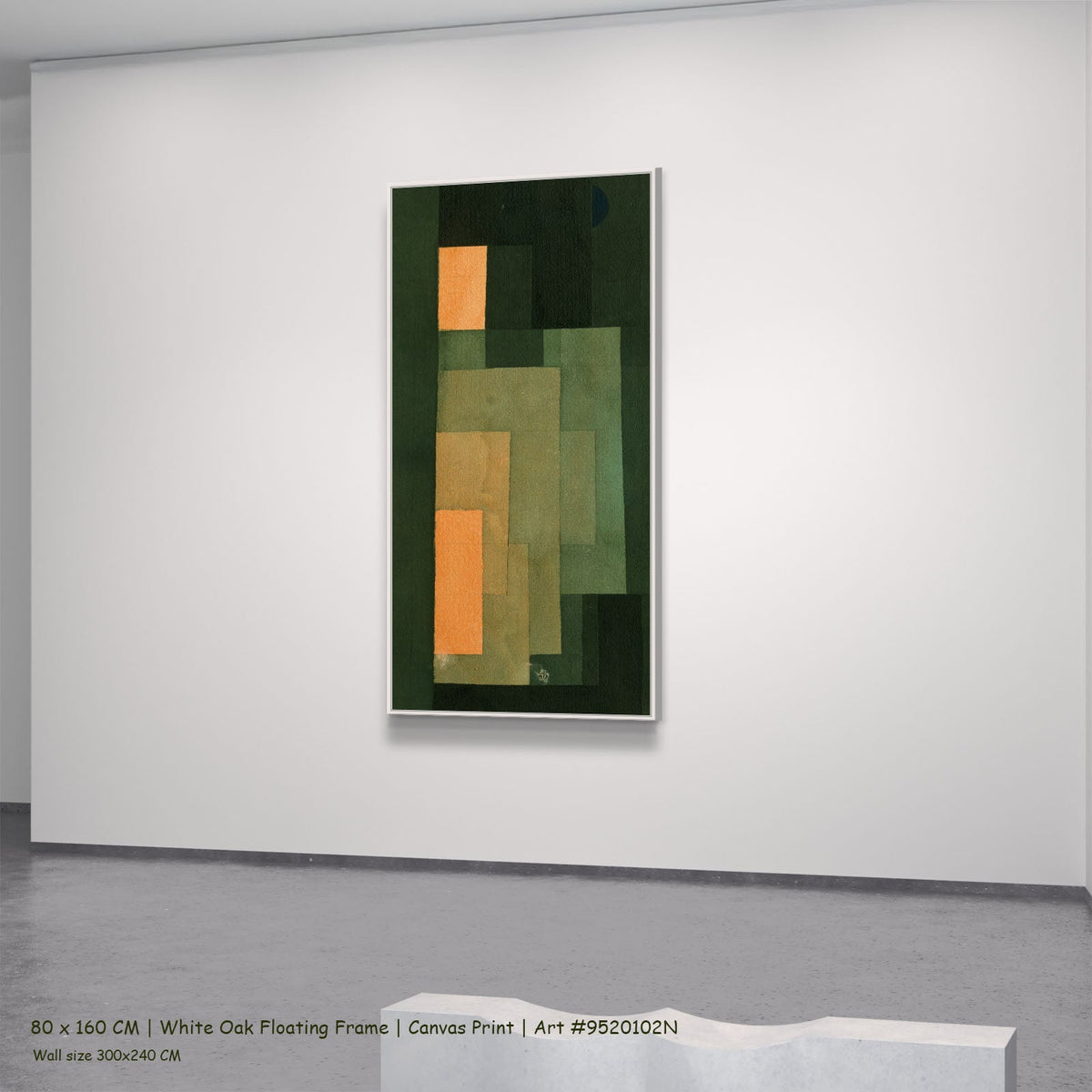 Green and Orange Composition by Paul Klee in a white oak floating frame, large green and orange Modern Abstract canvas