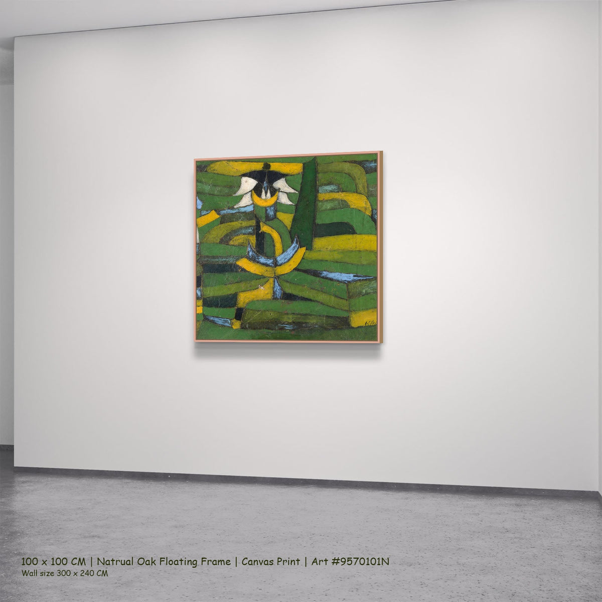 Green Plant Rhythms by Paul Klee in a natural oak floating frame, large green and yellow Abstract canvas