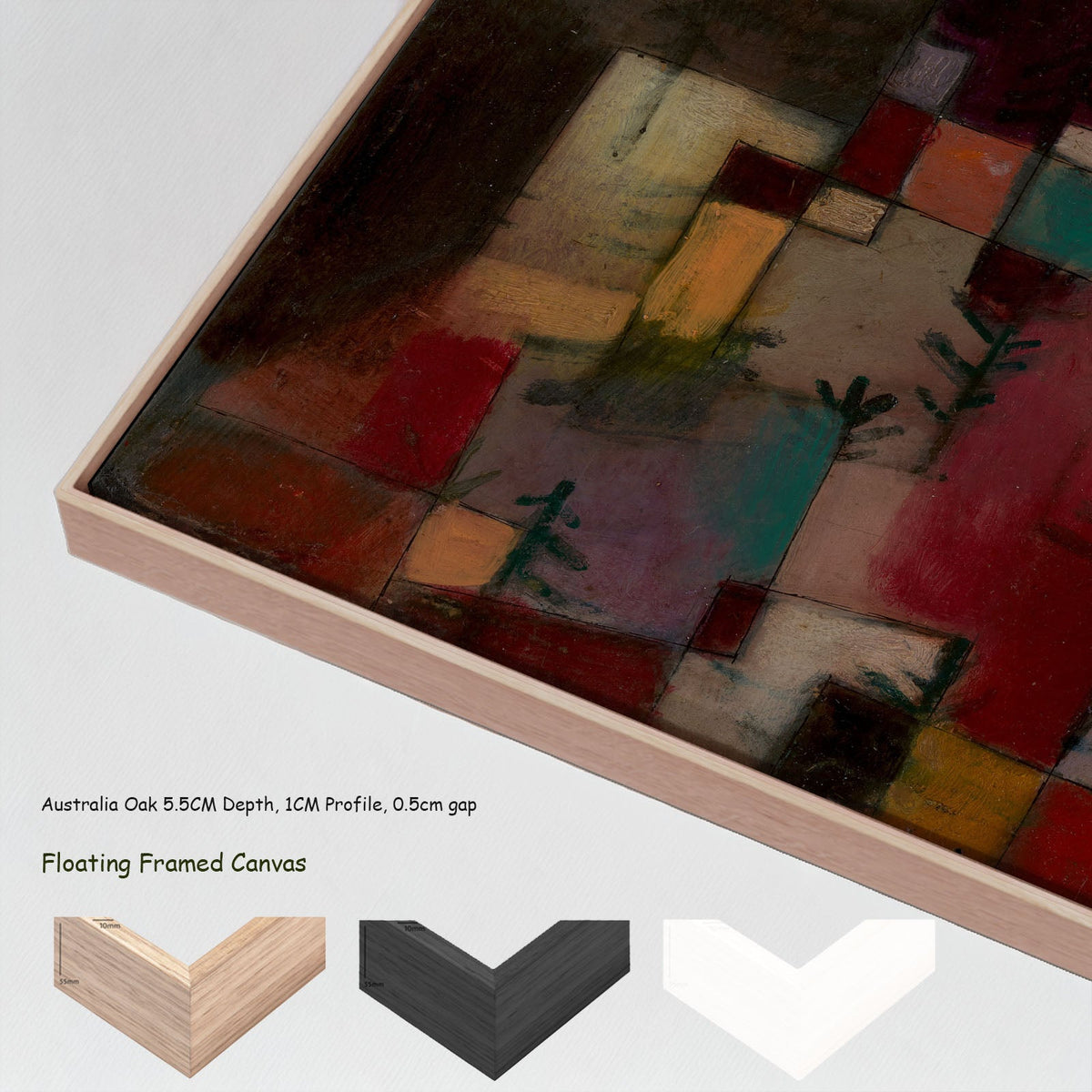Redgreen and Violet-Yellow Rhythms by Paul Klee in a floating frame, large red and green Modern Abstract canvas print