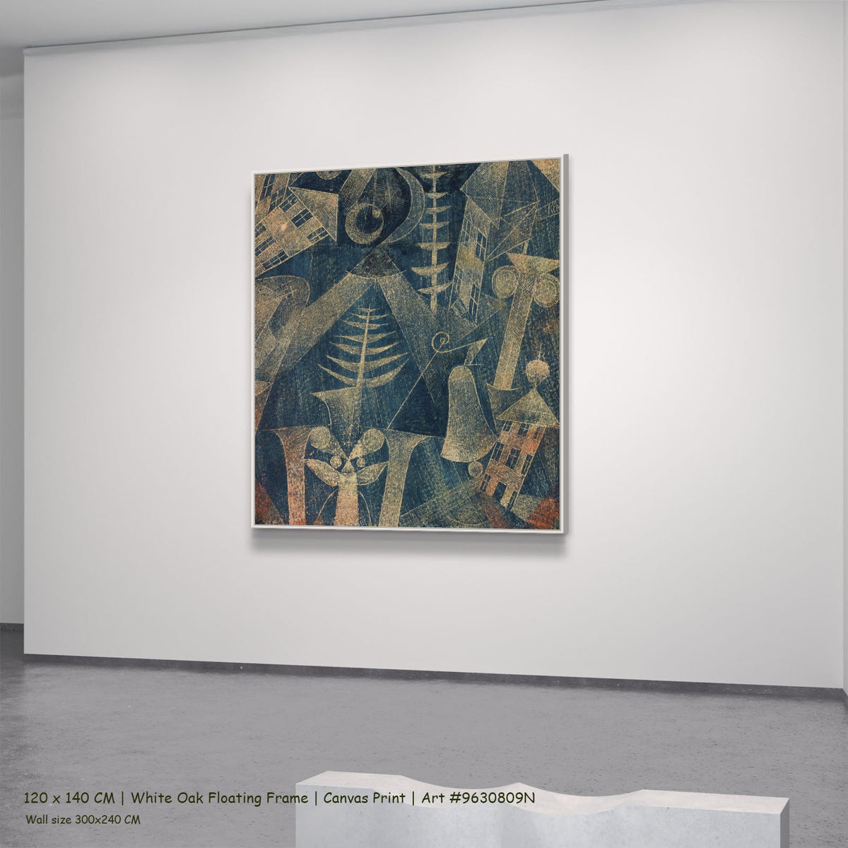 The Bell by Paul Klee in a white oak floating frame, large blue and gold Colourful Abstract canvas