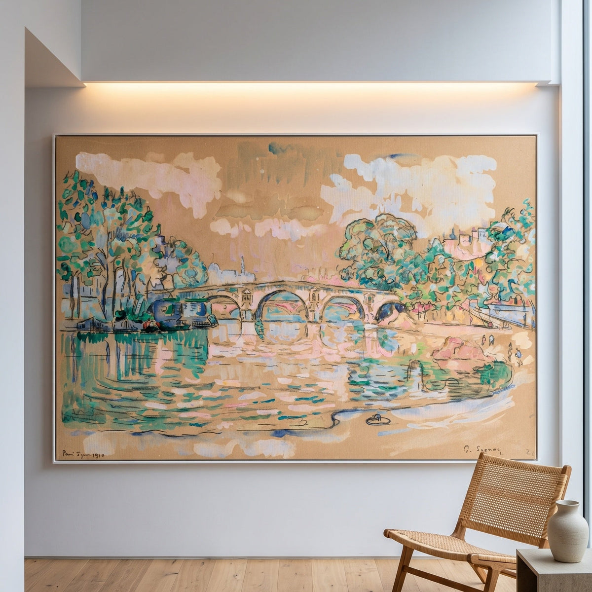 Paris, Le Pont Marie by Paul Signac — large brown and green Pointillist canvas art on a living room wall
