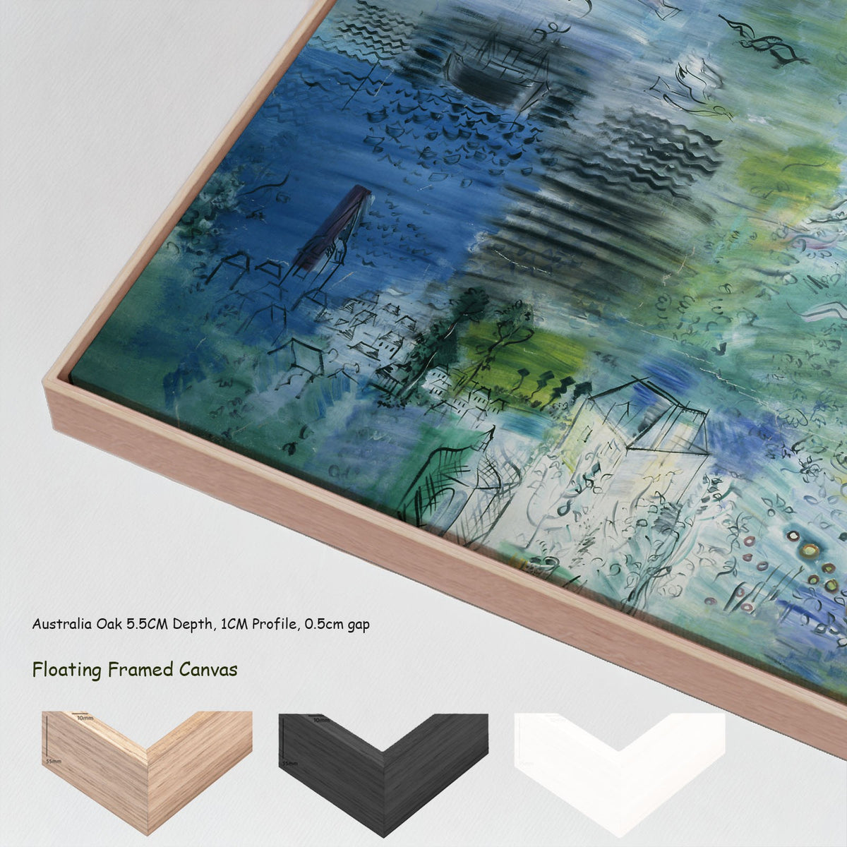 Le Cours de la Seine by Raoul Dufy in a floating frame, large green and blue Fauvist canvas print