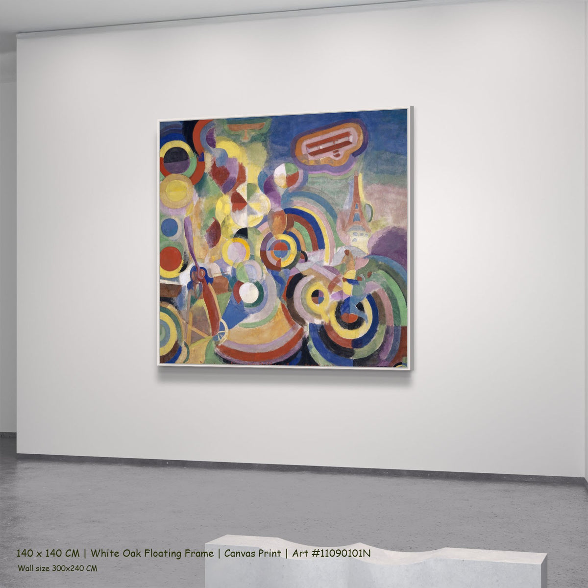 Hommage to Blériot by Robert Delaunay in a white oak floating frame, large yellow and green Cubist Abstract canvas