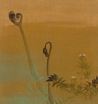Large gold and green Botanical canvas print of New Ferns from Album of Paintings by Shibata Zeshin