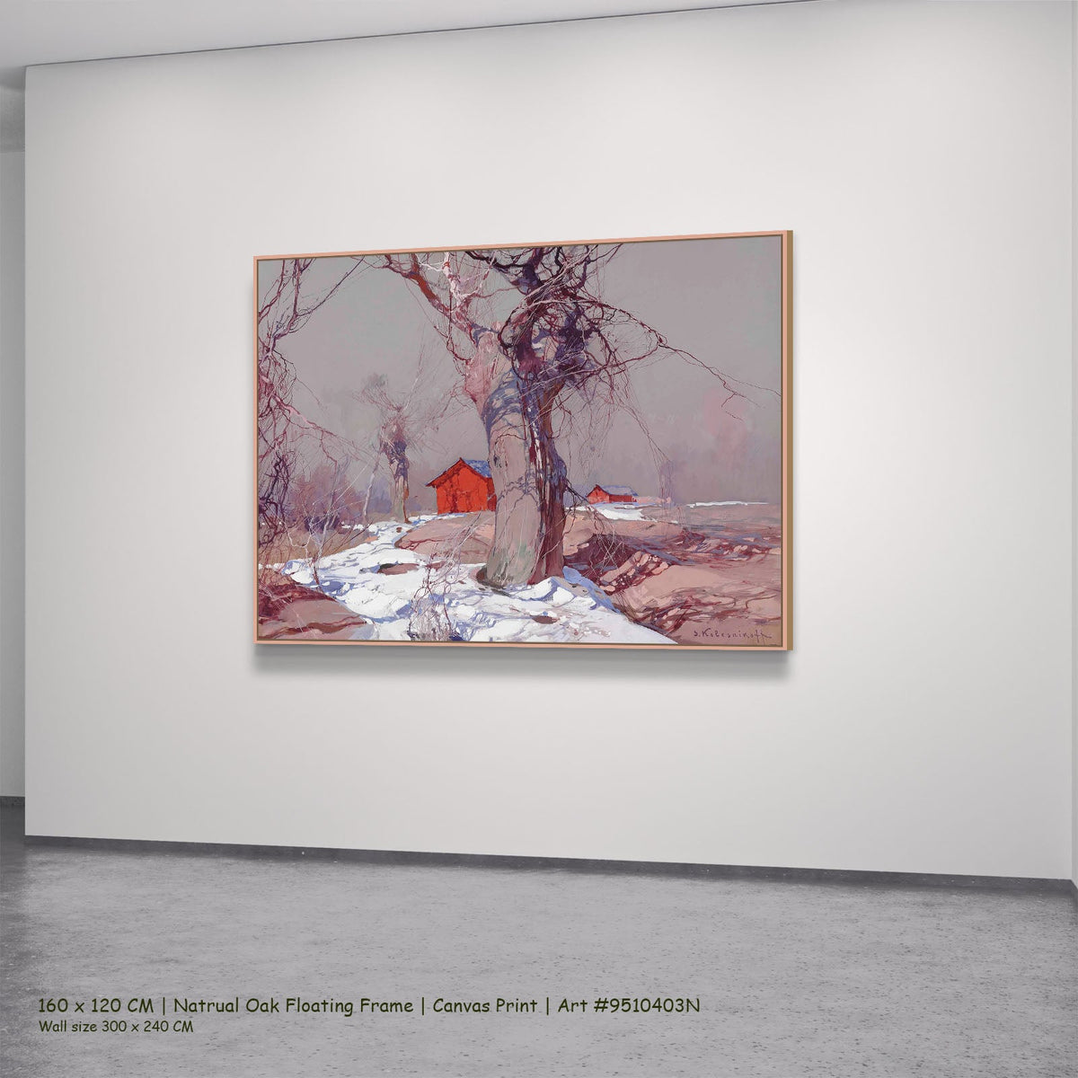 Early Spring by Stepan Kolesnikoff in a natural oak floating frame, large red and grey Impressionist canvas