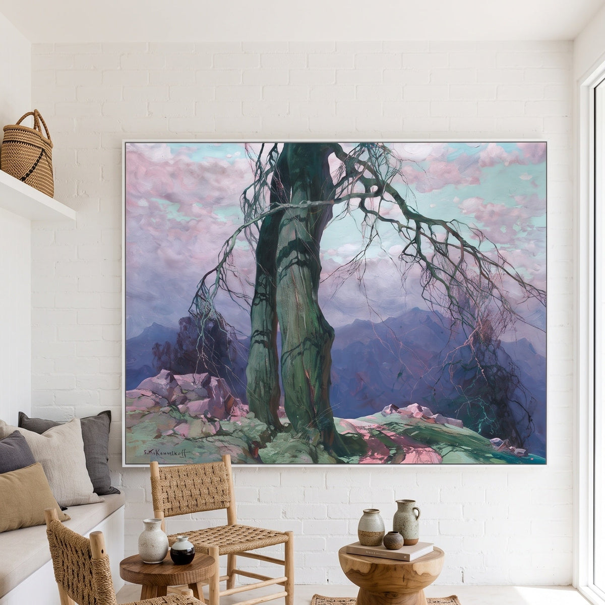 Weathered Tree on a Mountain Ridge by Stepan Kolesnikoff — large green and pink Impressionist canvas art on a living room wal