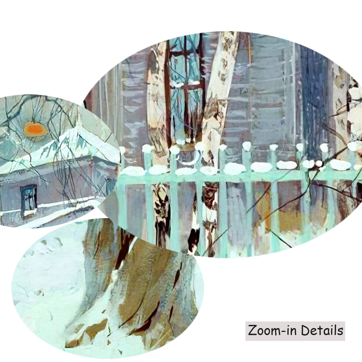 Stepan Kolesnikoff — Close-up detail of the brushwork on Winter House Behind a Green Fence, a large aqua and white…