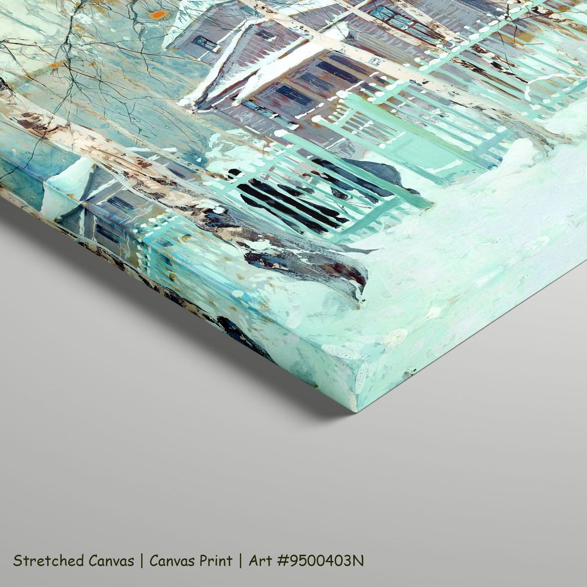 Winter House Behind a Green Fence by Stepan Kolesnikoff as a large stretched aqua and white Impressionist canvas print