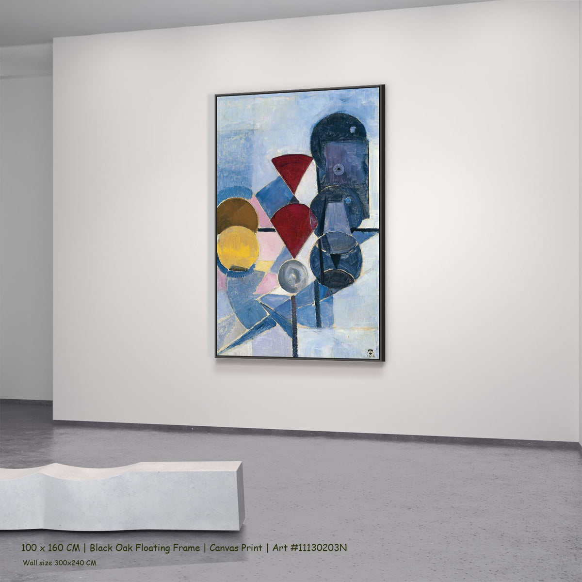 Composition II by Theo van Doesburg in a black oak floating frame, large blue and red Cubist canvas