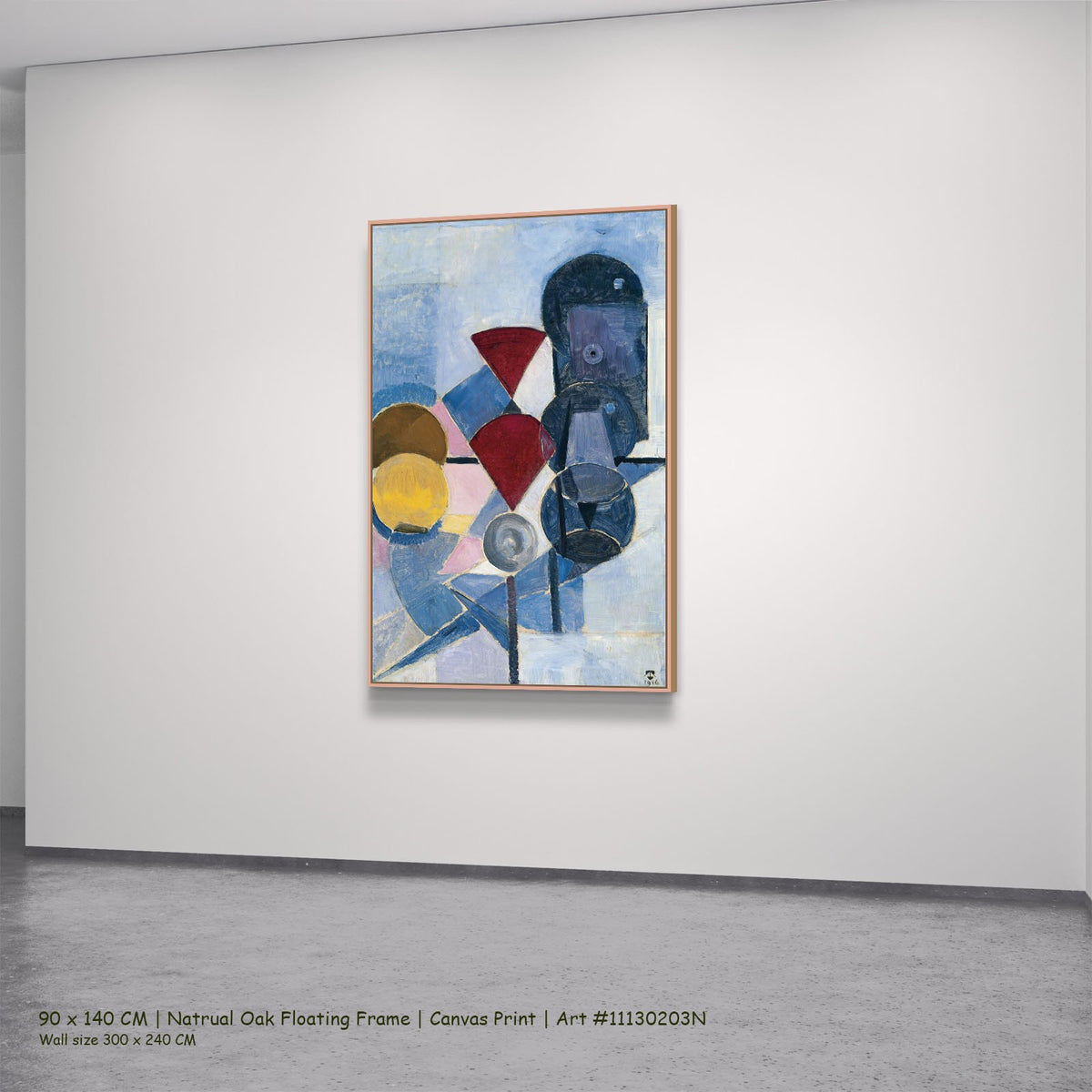 Composition II by Theo van Doesburg in a natural oak floating frame, large blue and red Cubist canvas