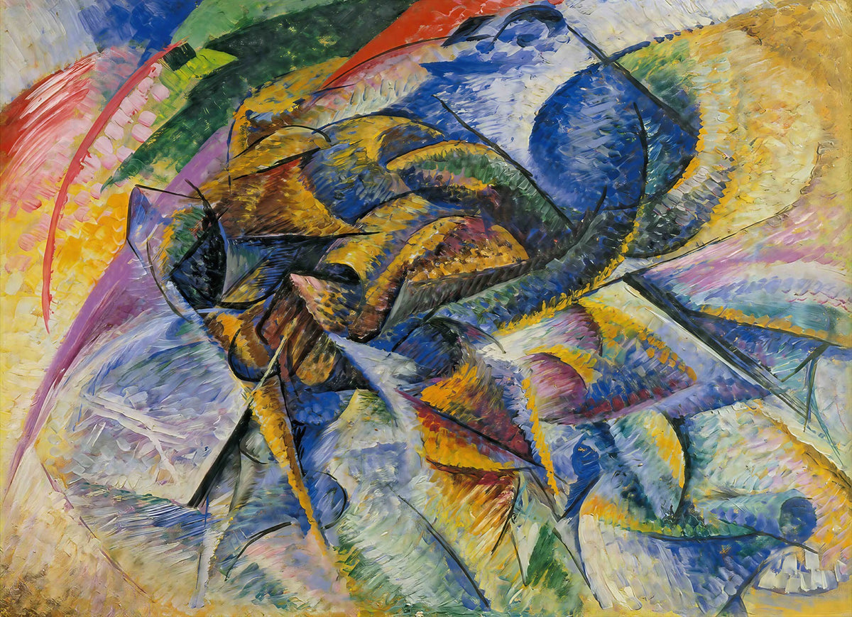 Large blue and yellow Futurist canvas print of Dynamism of a Cyclist by Umberto Boccioni
